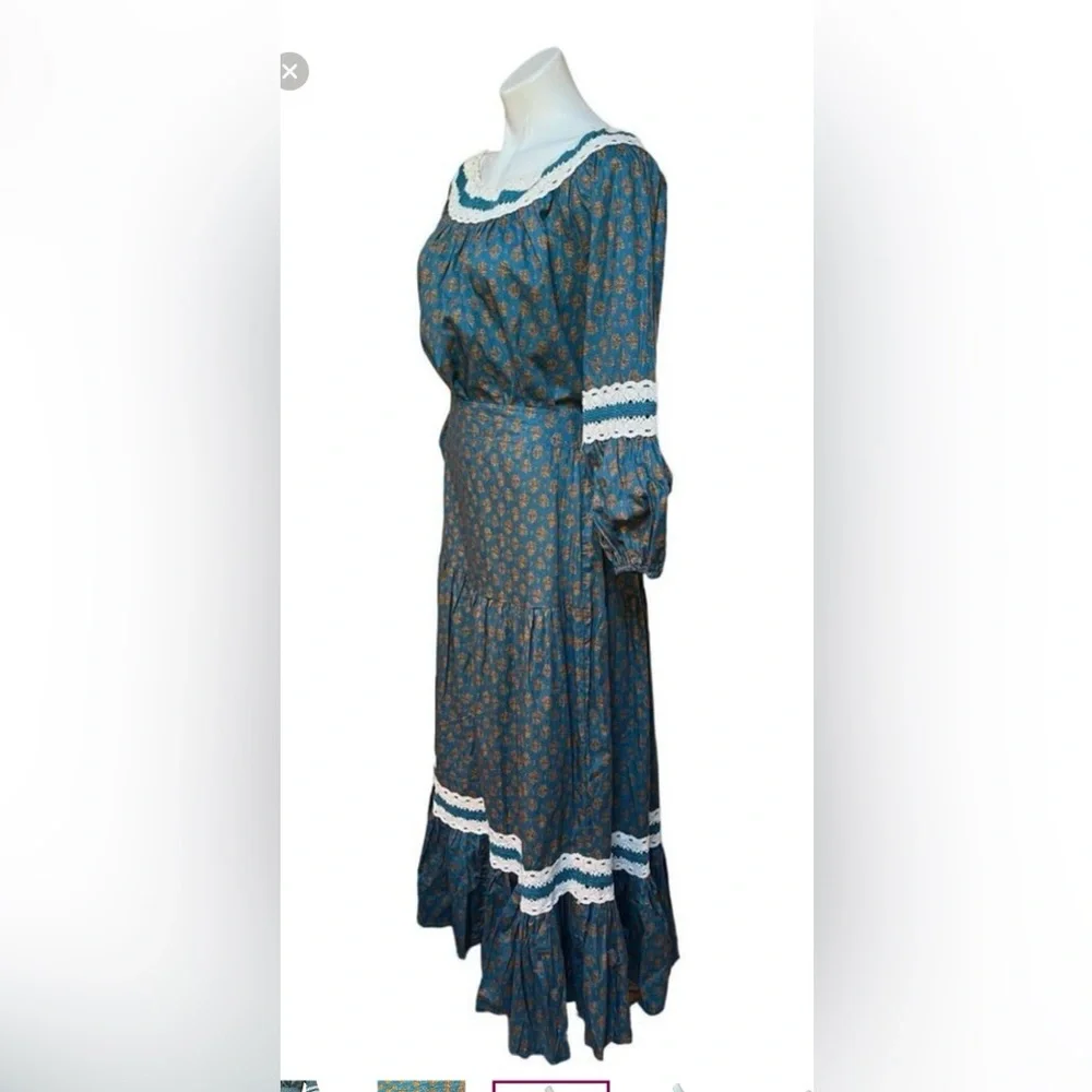 Luna Moon Maxi Skirt Set 2 Piece Teal Peasant Crocheted Ruffled Boho Size Small